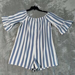 Billabong Fun for Now Striped Off the Shoulder Romper Bell Sleeve Blue White L